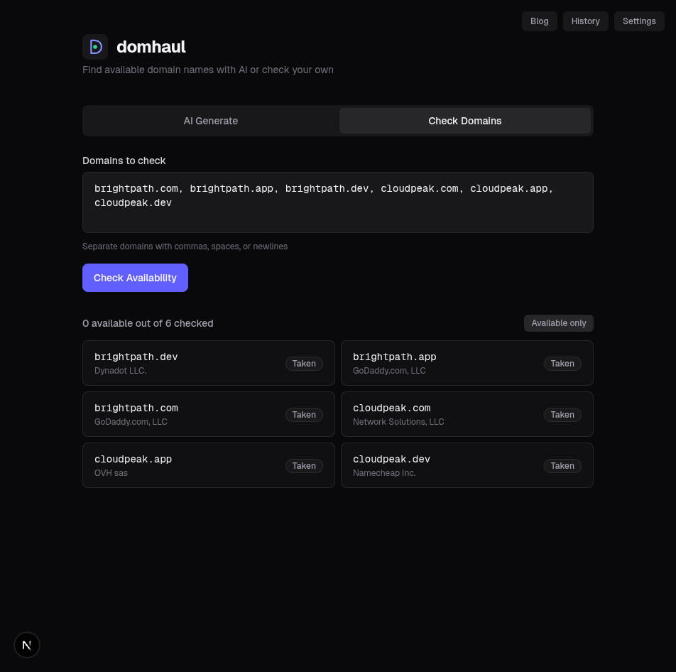 domhaul's Check Domains feature comparing availability of brightpath and cloudpeak across .com, .app, and .dev TLDs