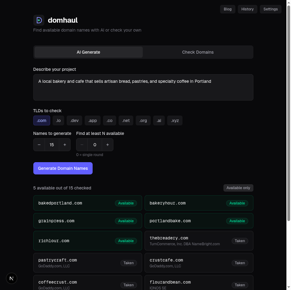domhaul generating domain names for a local bakery and cafe business