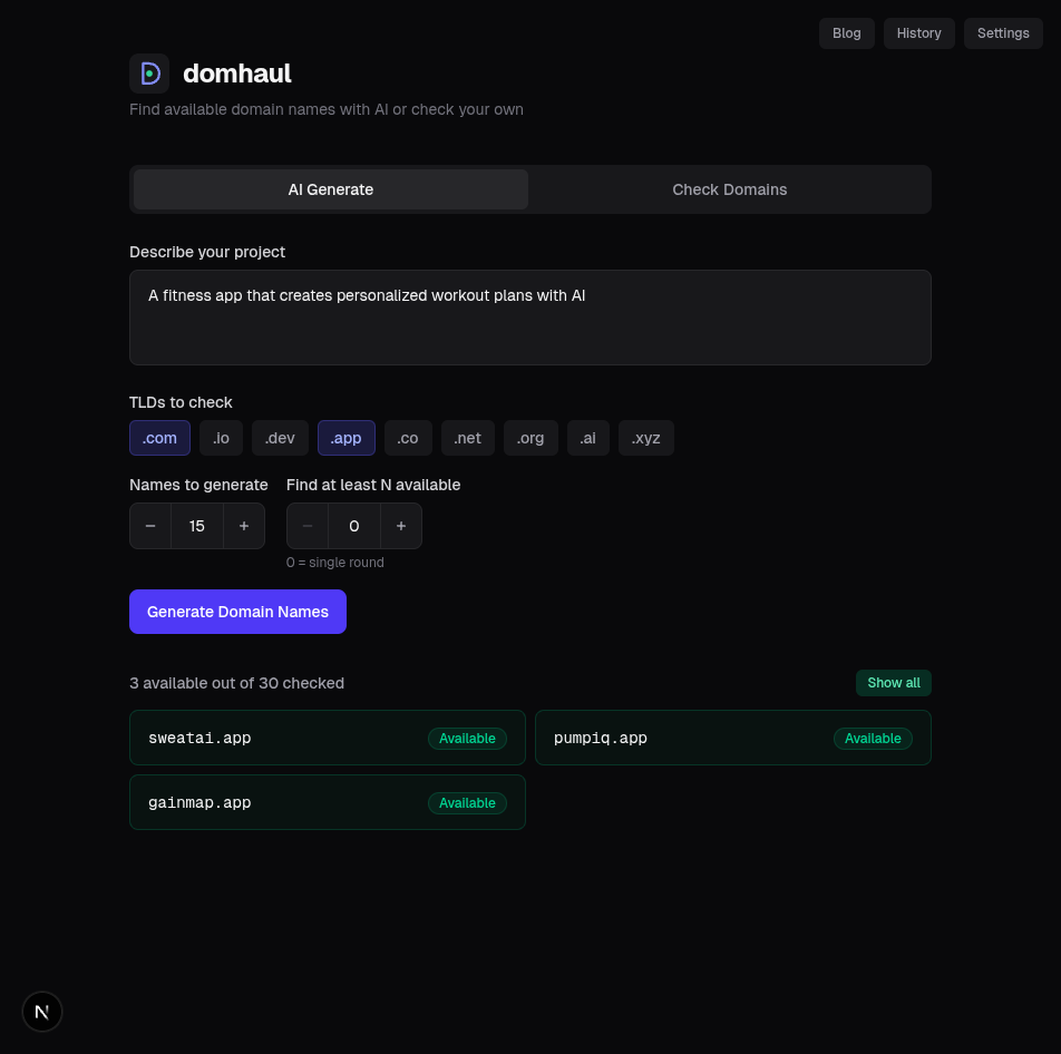 domhaul generating domain name ideas for a fitness app startup — showing available .com and .app domains with AI-generated creative names